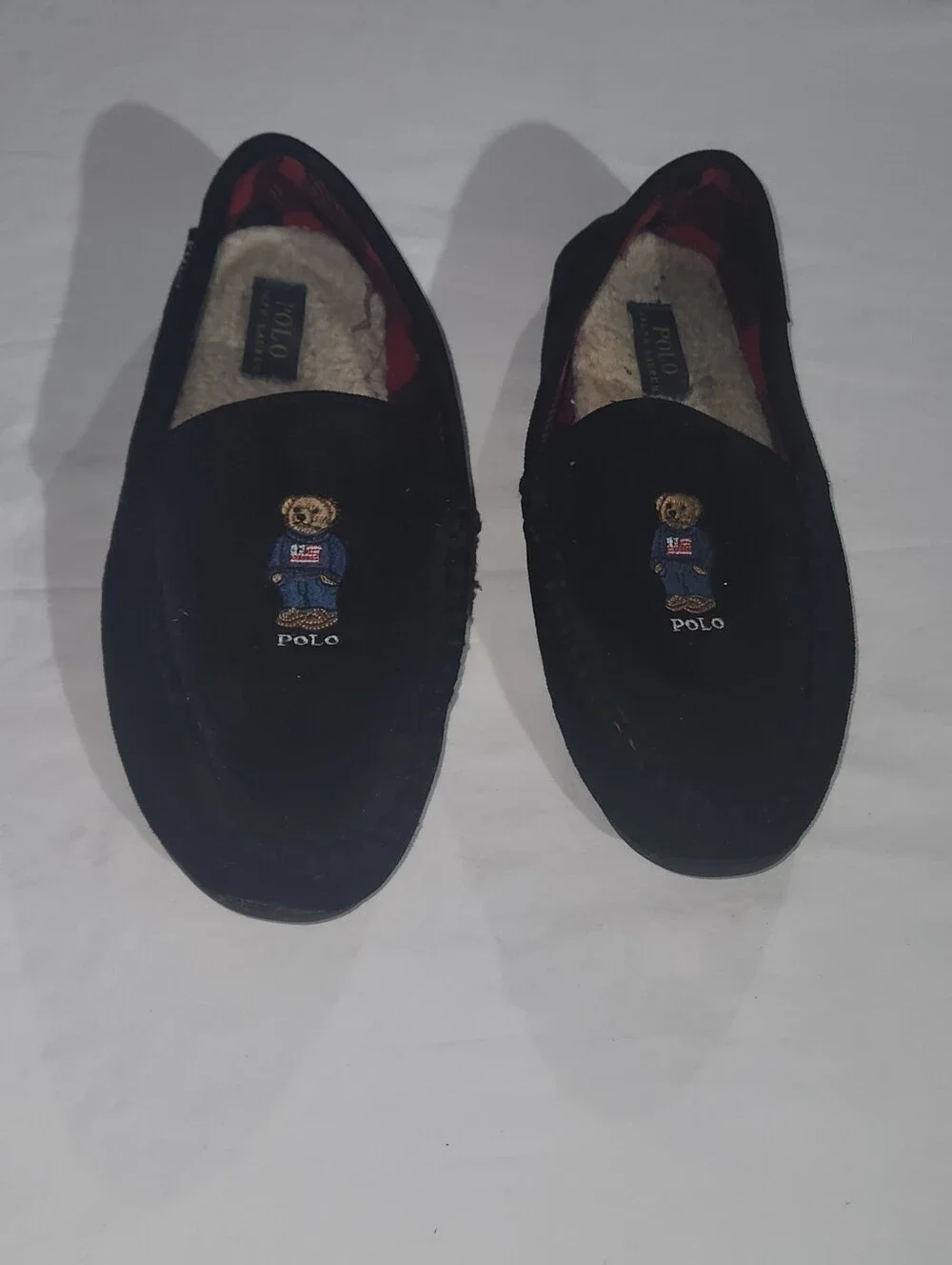 Polo Ralph Lauren Declan Bear Slippers Size 10 Suede Moccasin Plaid Lined